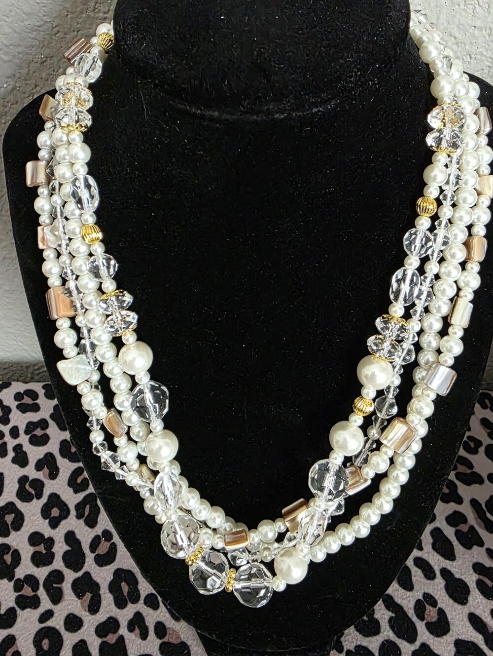 Elegant Multi-Strand Pearl & Crystal Necklace - White & Gold